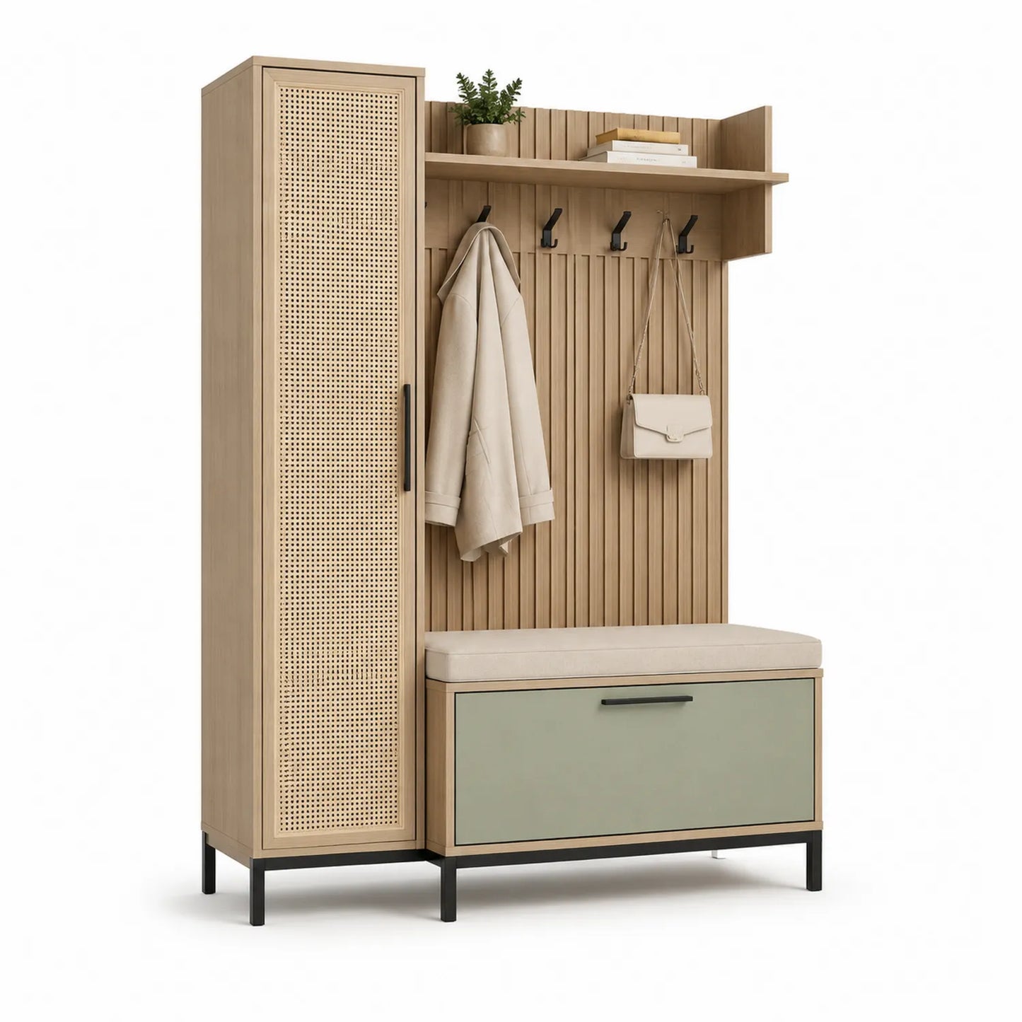 Flurmöbelset aus Holz mit Sitzbank und Haken Beige/Grün