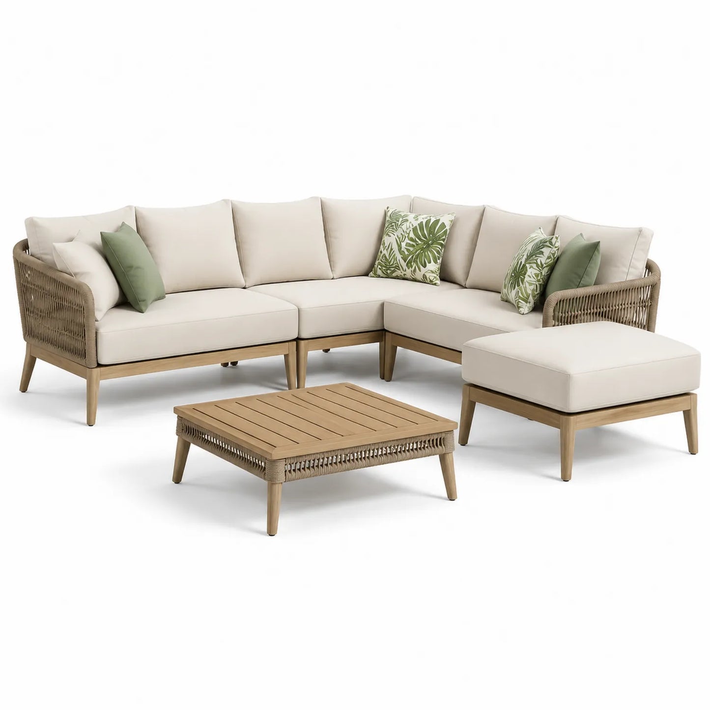 Ecksofa-Set aus Teakholz mit Tisch und Hocker, Beige/Braun