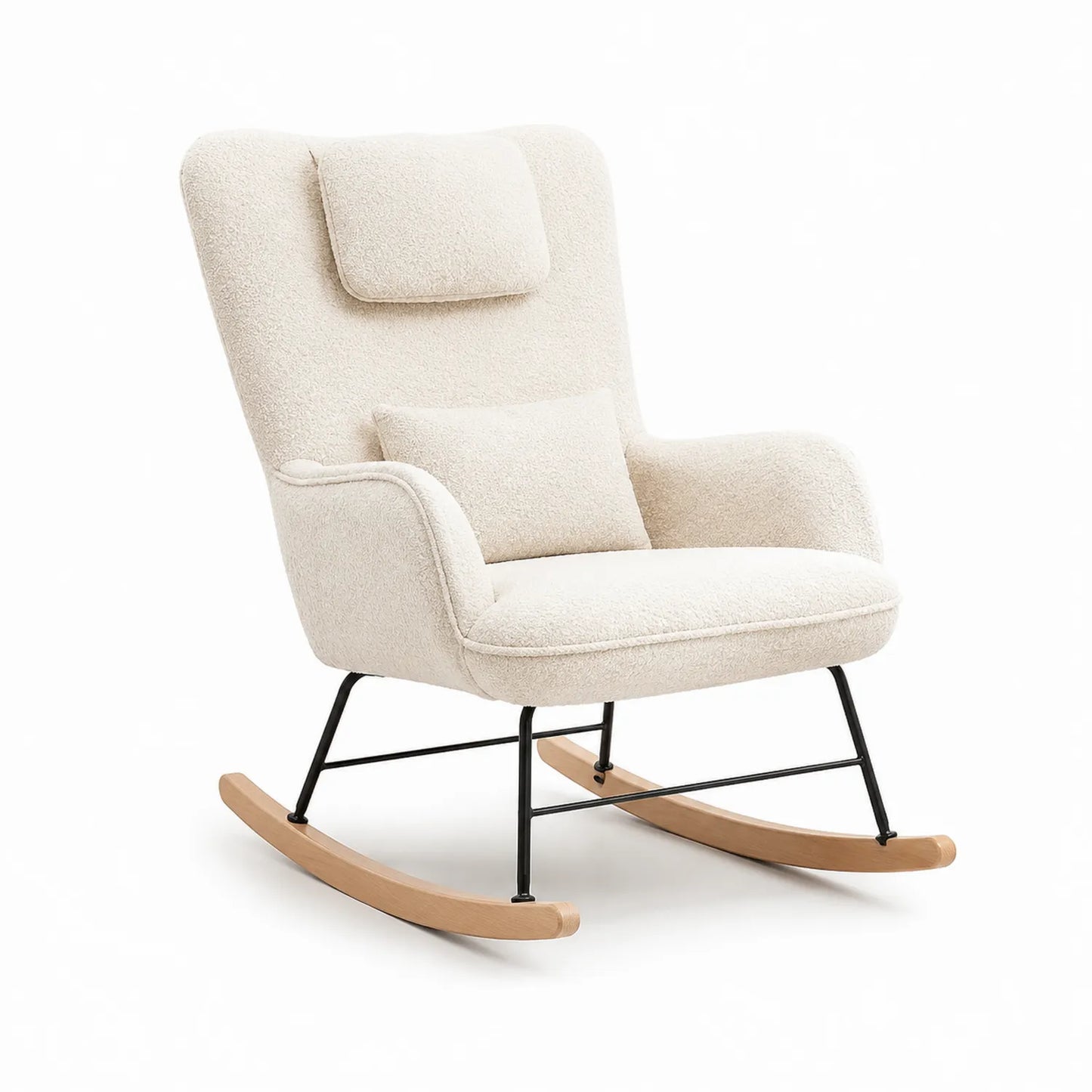 Schaukelstuhl aus Bouclé-Stoff mit Kissen, Creme, 102 cm Höhe