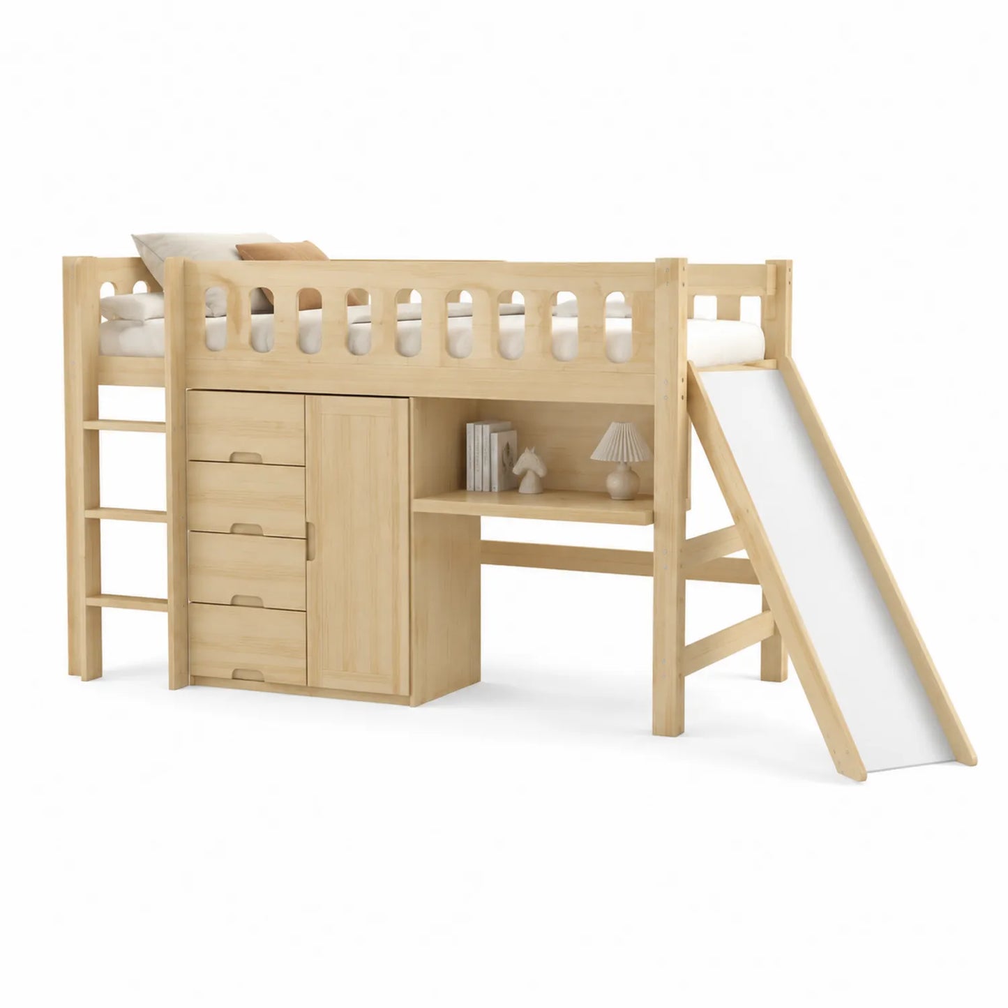 Kiefernholz-Hochbett mit Rutsche und Stauraum 200x90 cm