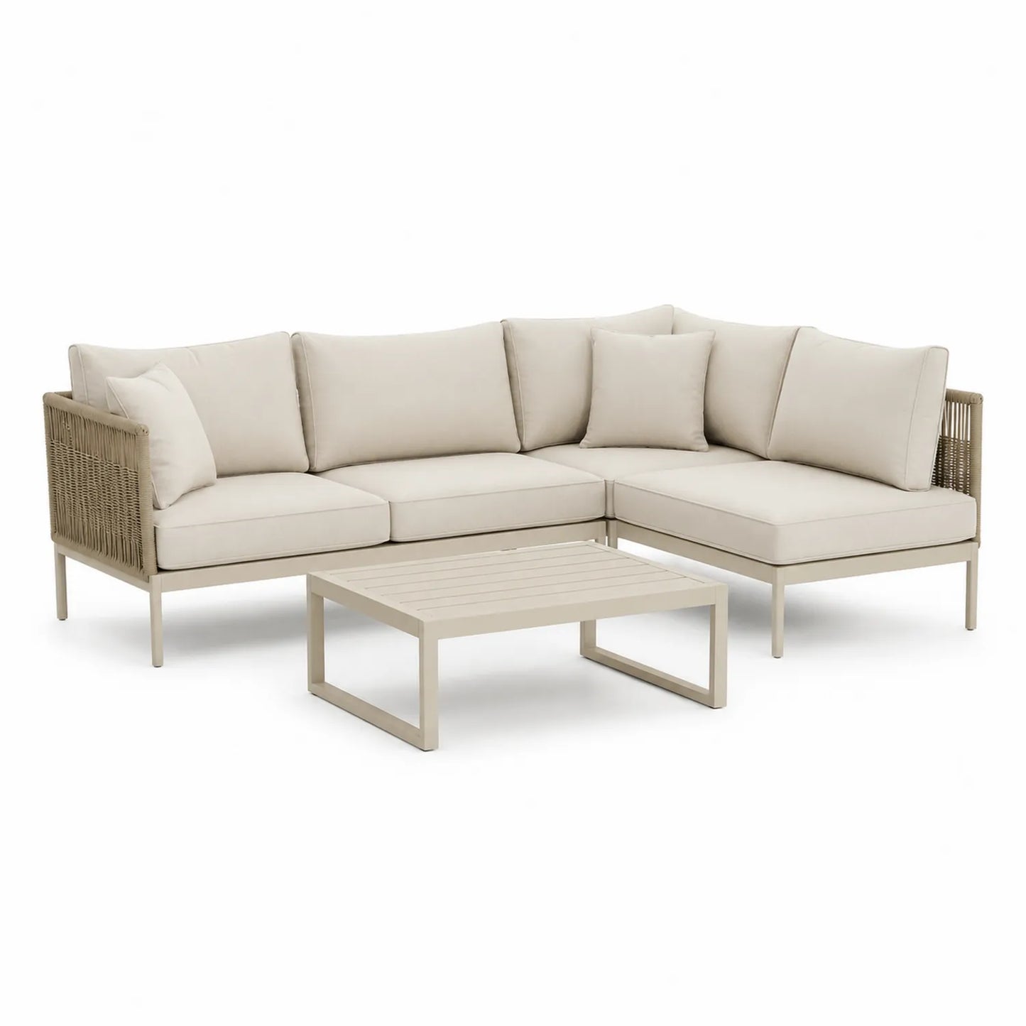 Outdoor-Sofaset aus Aluminium und Polyestergeflecht in Beige mit Tisch