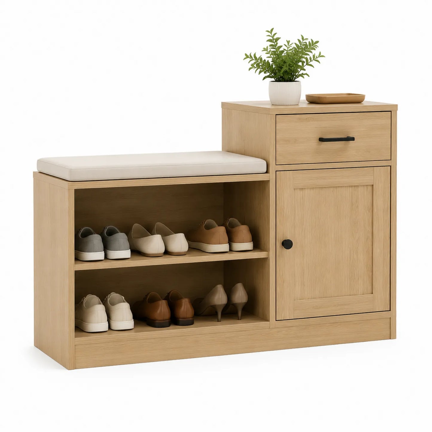 Holz Schuhregal mit PU-Leder Sitzkissen und Stauraum