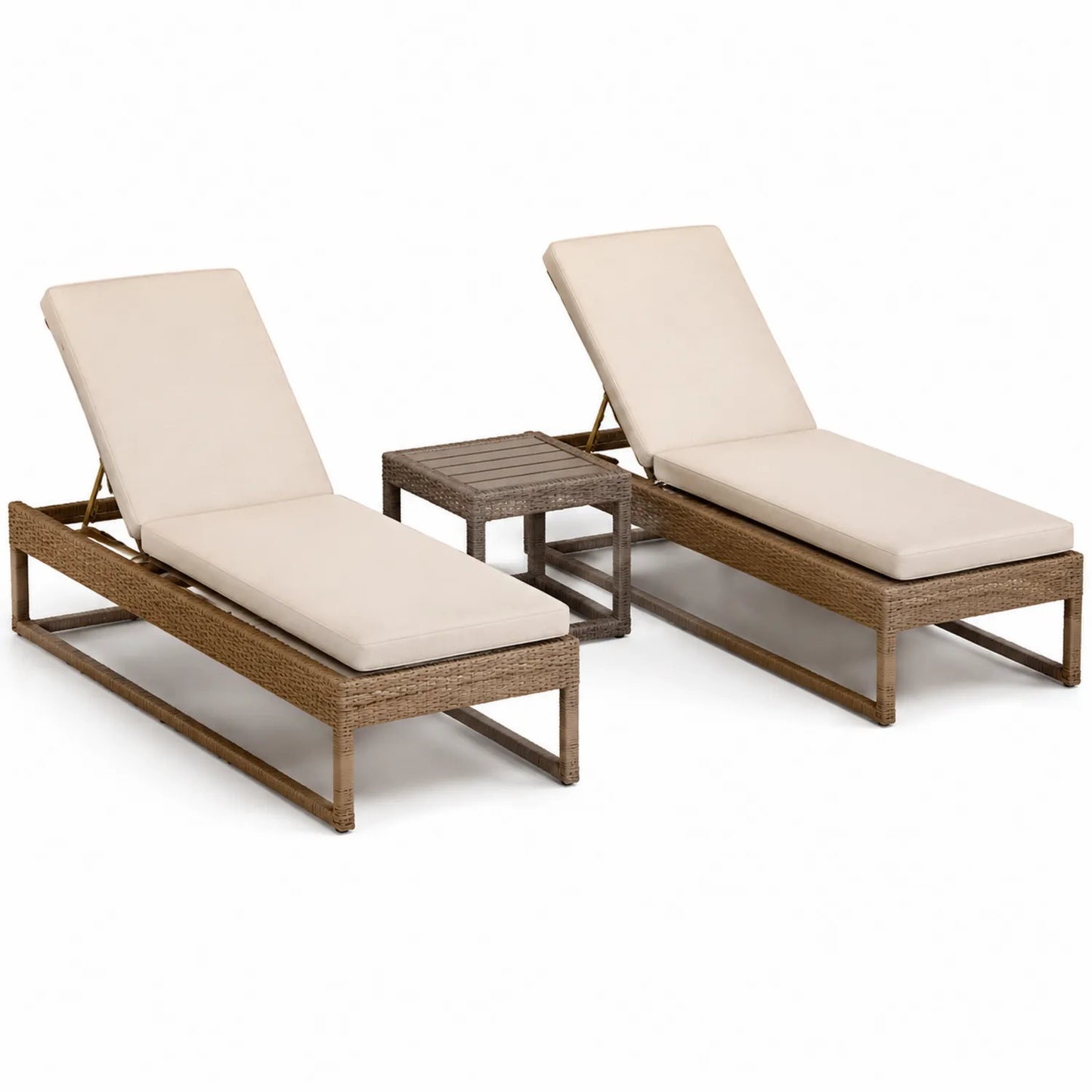 Rattan Gartenmöbelset mit 2 Sonnenliegen und Beistelltisch, Beige, 200 cm