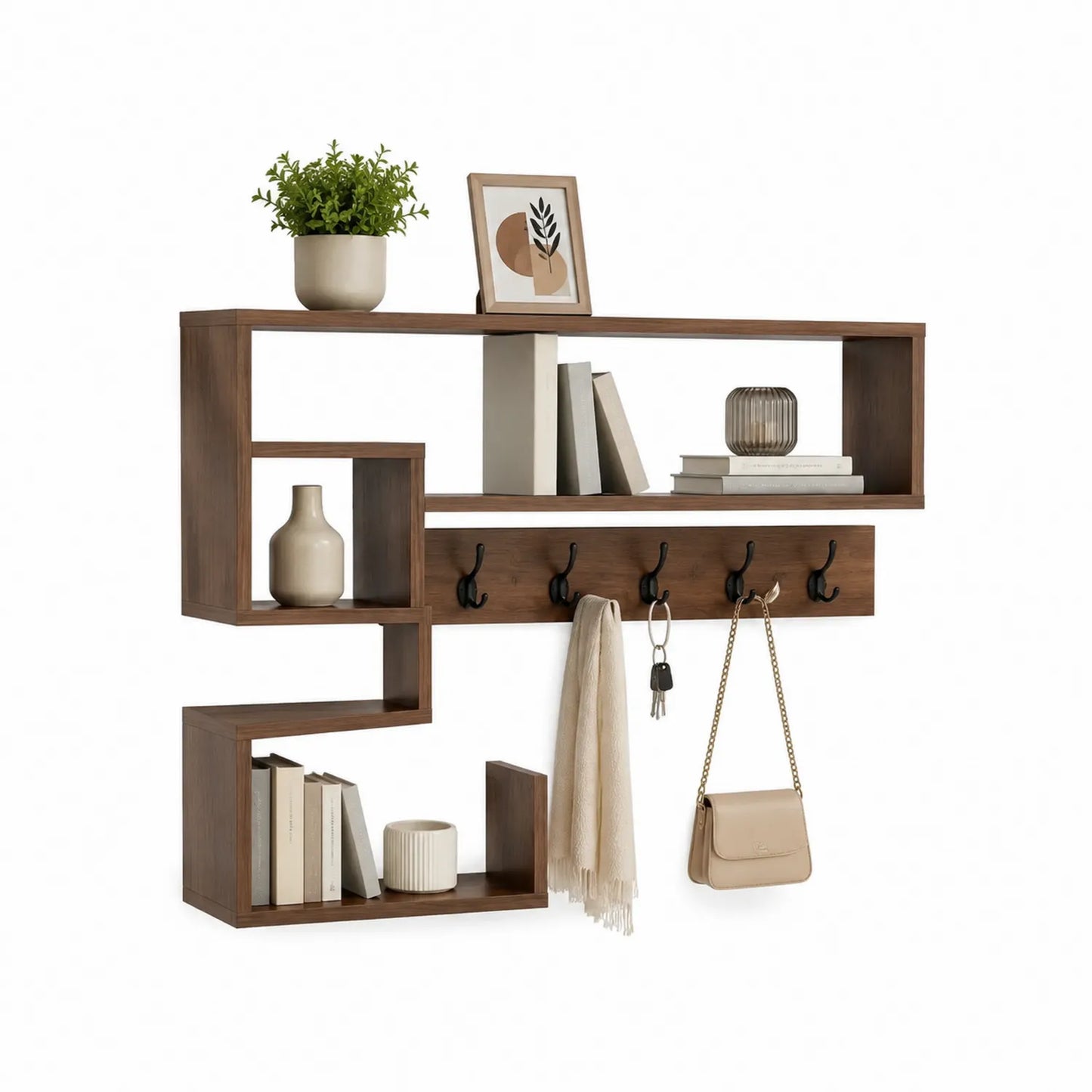 Wandregal mit Haken aus MDF in Nussbraun