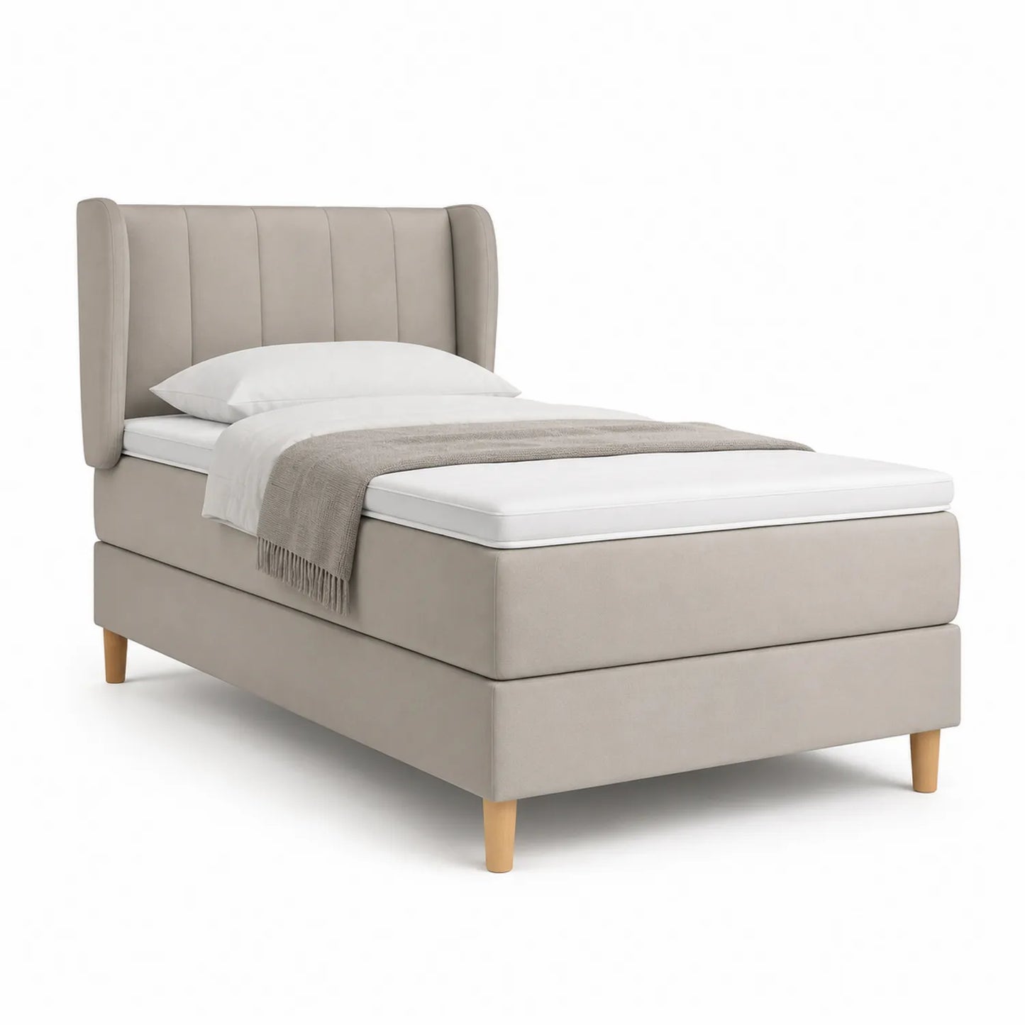 Einzelbett mit Polsterkopfteil 200x90 cm Beige Stoff Massivholz