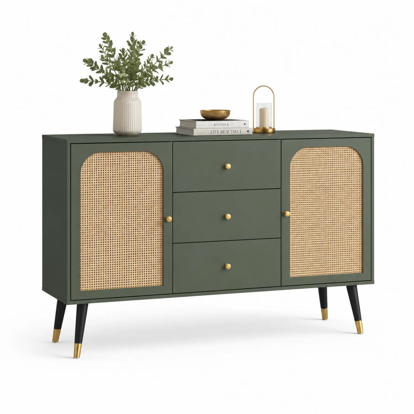 Sideboard mit 2 Türen und 3 Schubladen, Holz, Rattan, 120cm