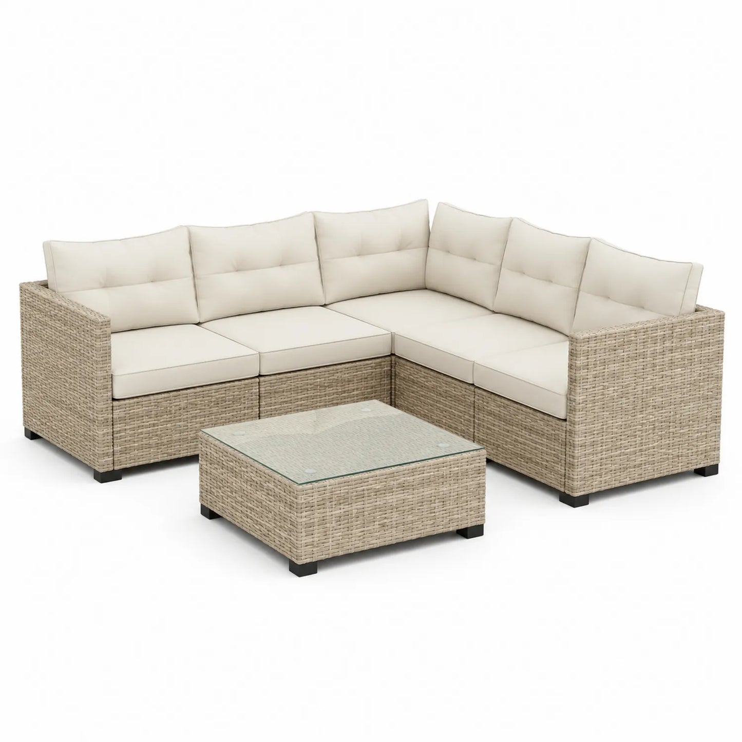 Rattan Ecksofa Set mit Glastisch Beige