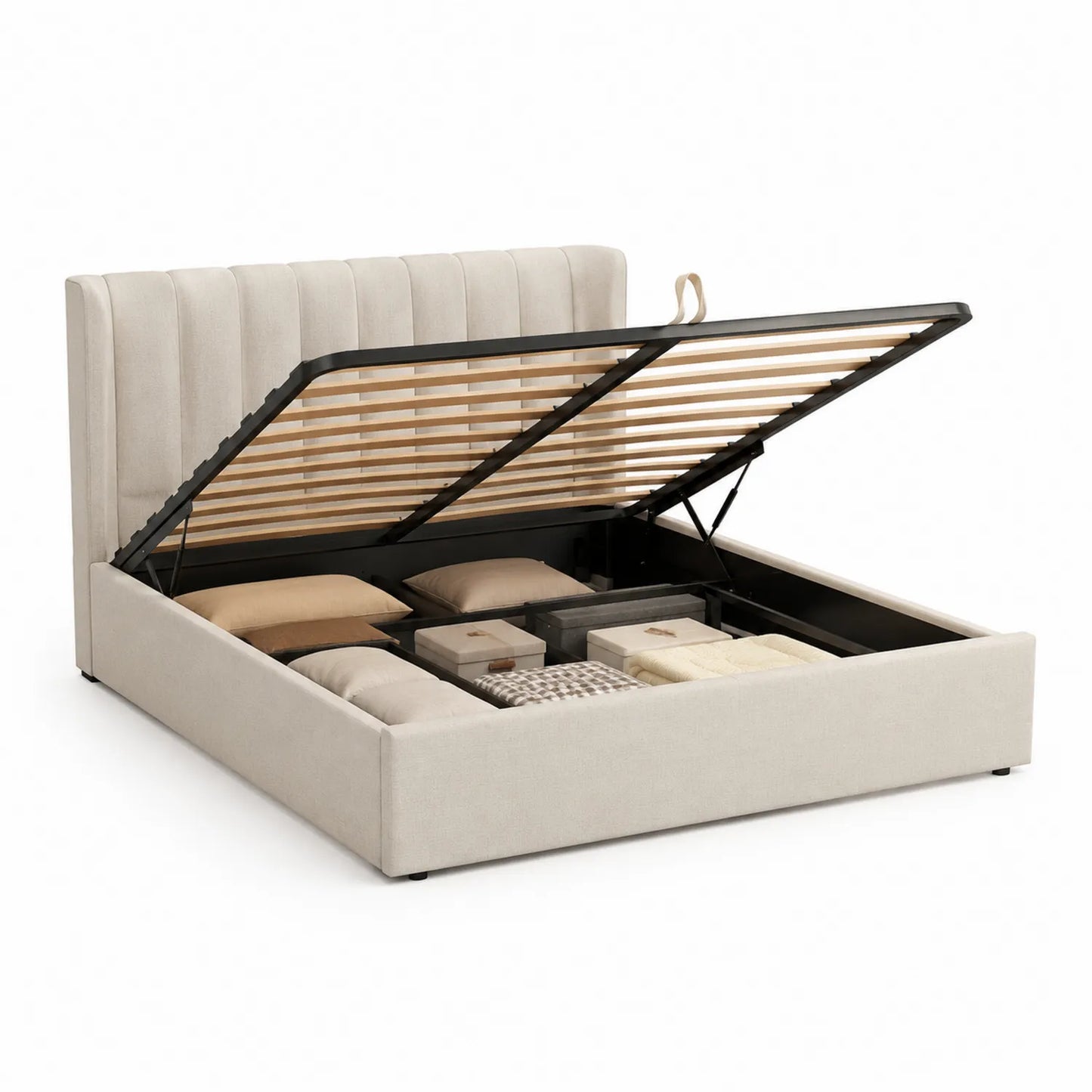 Leinenstoff Stauraumbett 180x200cm Beige mit Lattenrost