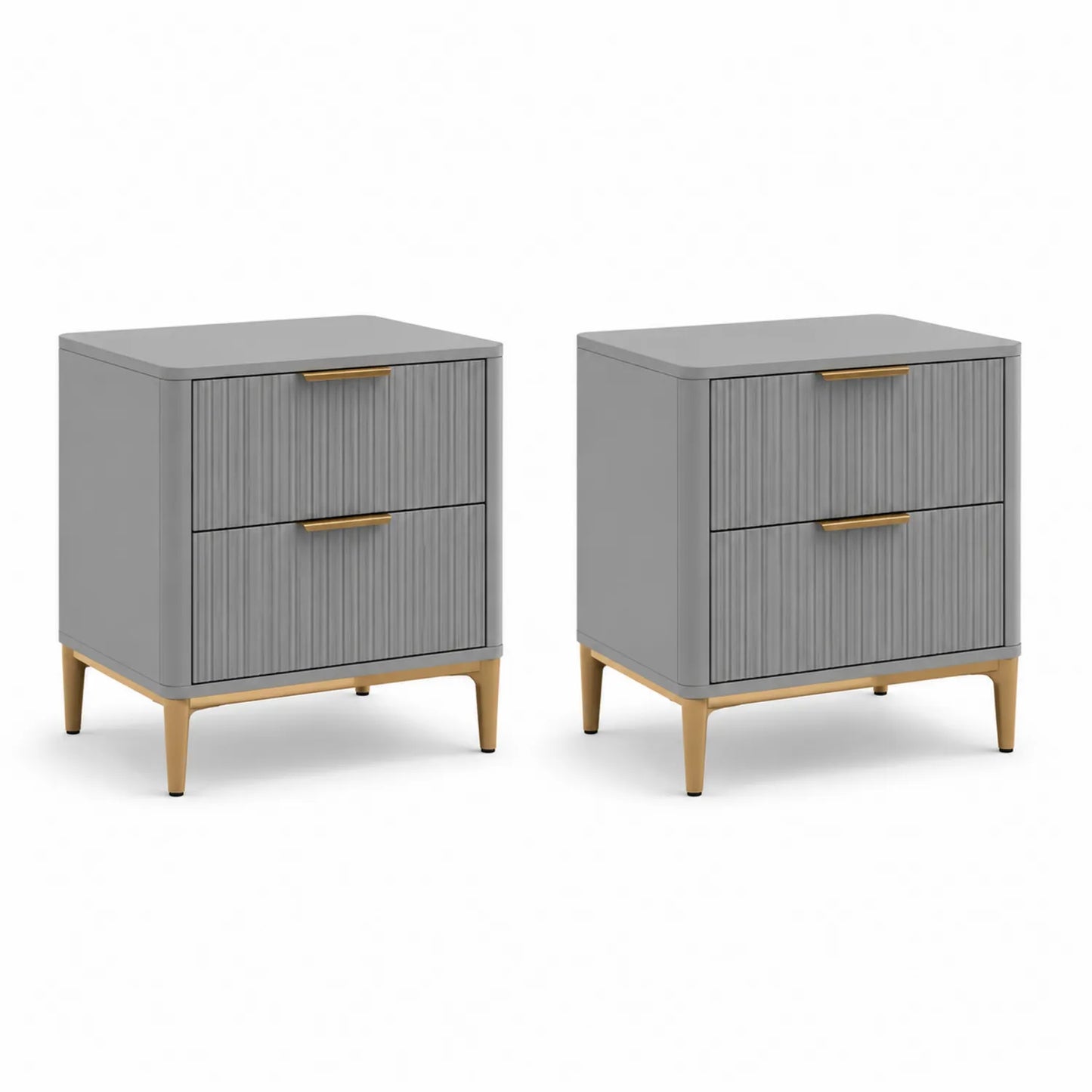 2er Set Nachttische mit 2 Schubladen Holz und Metall Grau/Gold