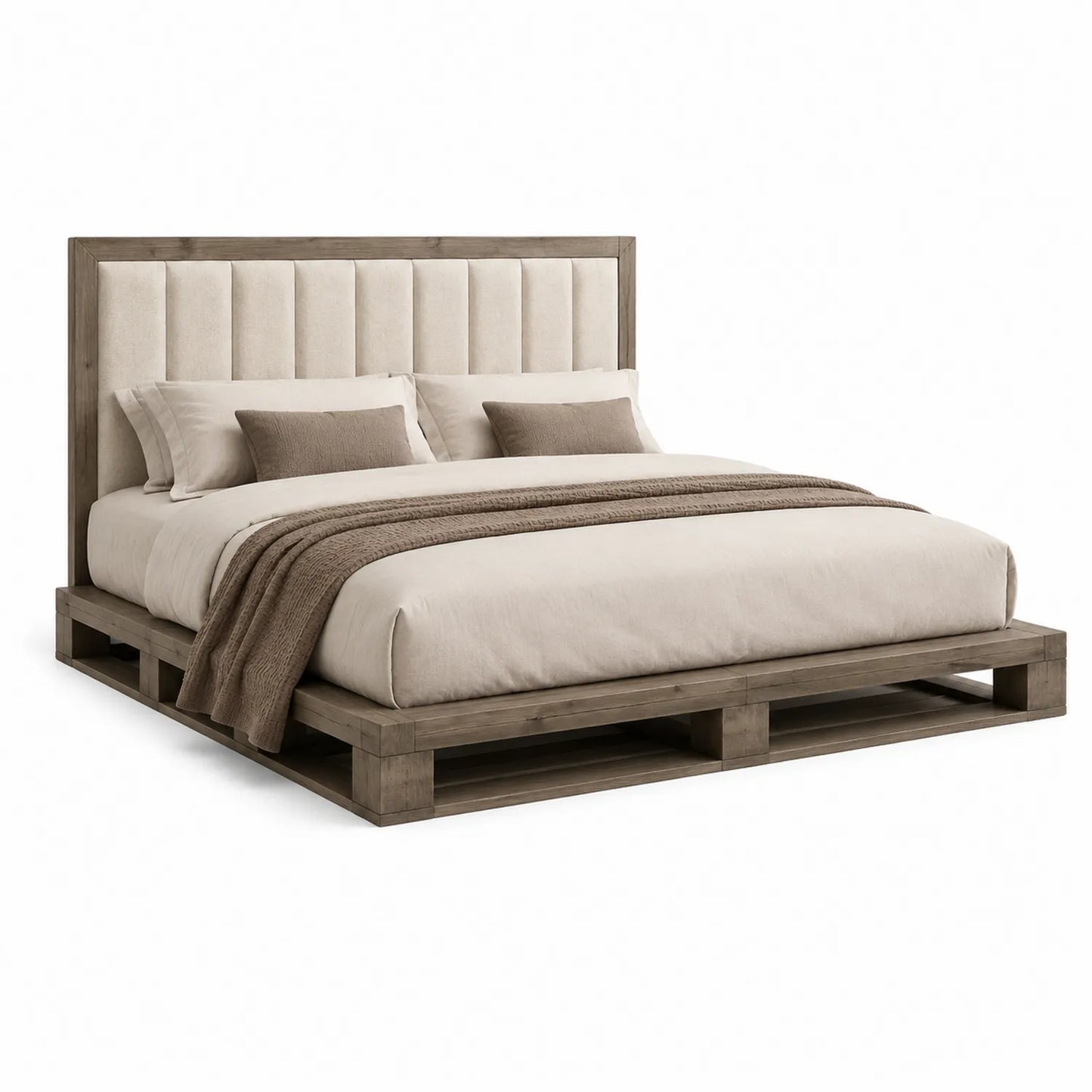 Holz-Doppelbett mit gepolstertem Kopfteil Beige 200x200 cm