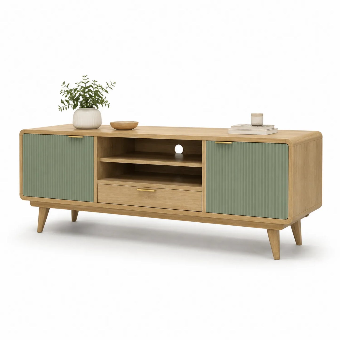 Holz TV-Möbel mit zwei Türen und Schublade Eiche/Grün 150cm