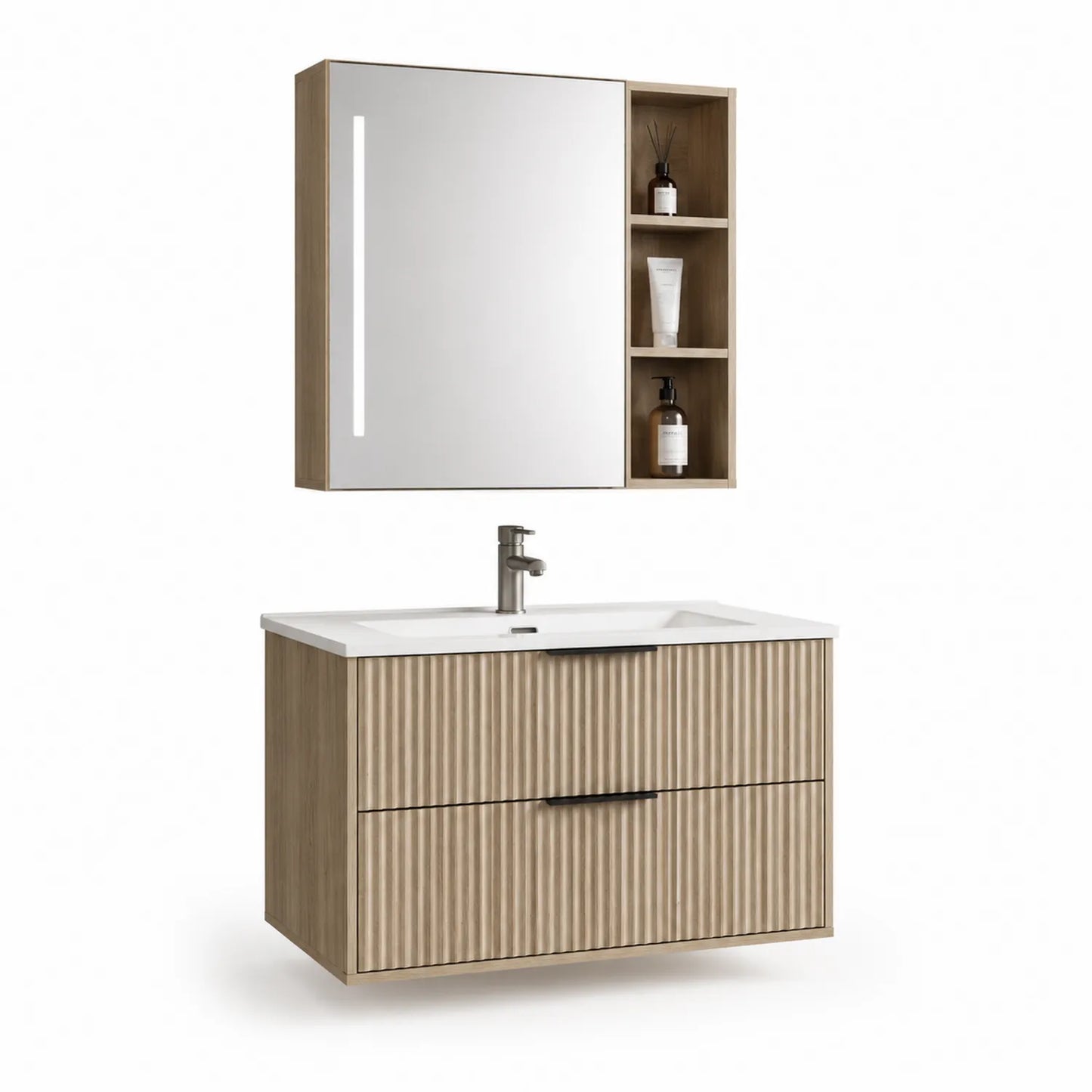 Badezimmer-Set mit Spiegel und Unterschrank aus MDF in Eichenoptik mit LED 60x80x45 cm