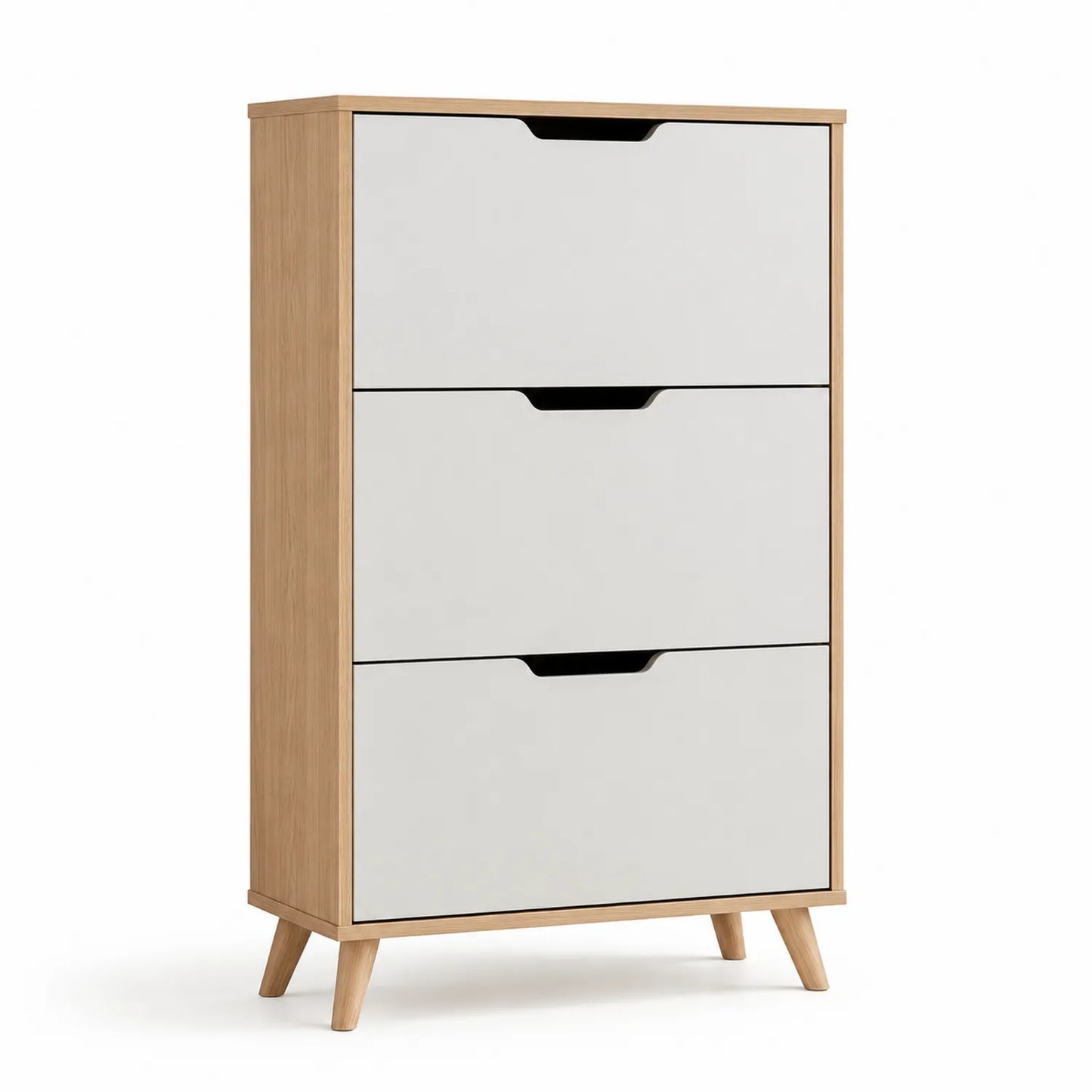 Weiße Schuhkommode mit 3 Klappen aus MDF und Holzfurnier, 85 x 24 x 110 cm