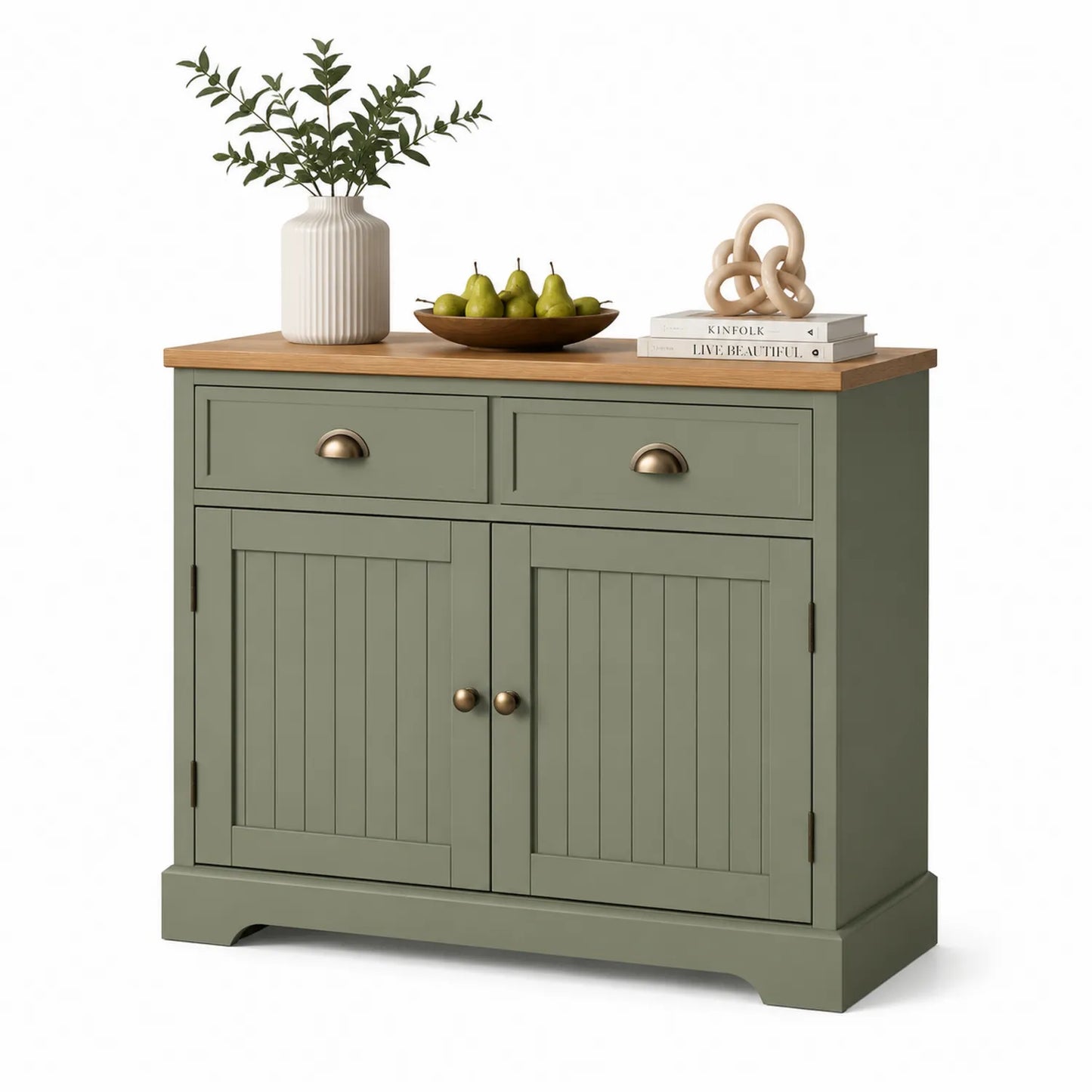 Holz Sideboard mit 2 Türen und 2 Schubladen, Eiche und MDF, Grün