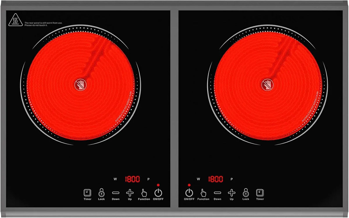 Elektrokochfeld, 2 Kochzonen, 3600 W, 220 V, GIHETKUT, Touch-Bedienung, Timer, Kindersicherung, Cerankochfeld, LED-Touch-Steuerung, Keramikkochfeld