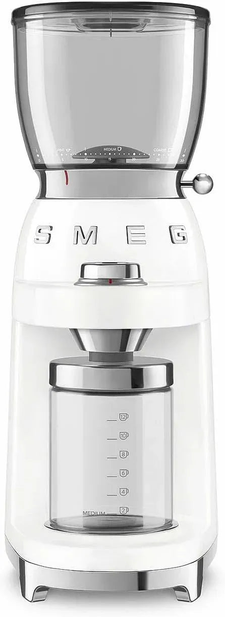 Smeg CGF11WHEU Kaffeebohnenbehälter, Kaffeemühle, Kaffeebohnenmühle, 150 W, 350 g, Edelstahl, Weiß, aluminium