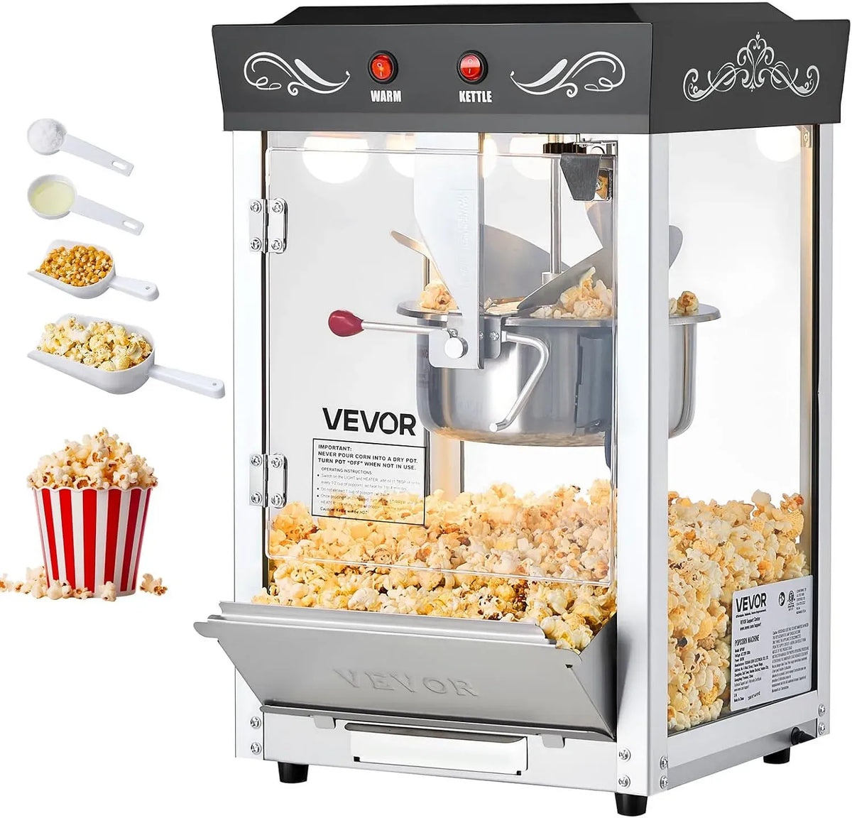 VEVOR 2-Tasten-Bedienung Popcornmaschine, Popcornmaker, 3 L, 800 W, 48 Tassen, gewerblich, Edelstahl, Schwarz, Glas