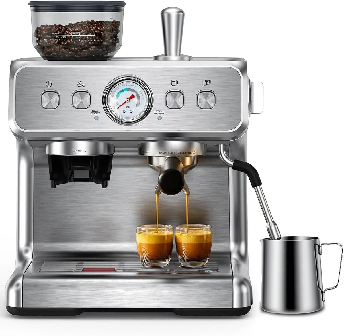 Espressomaschine, COWSAR, Edelstahl, Kaffeemaschine für Espresso, Edelstahl Espressomaschine mit integriertem Kegelmahlwerk
