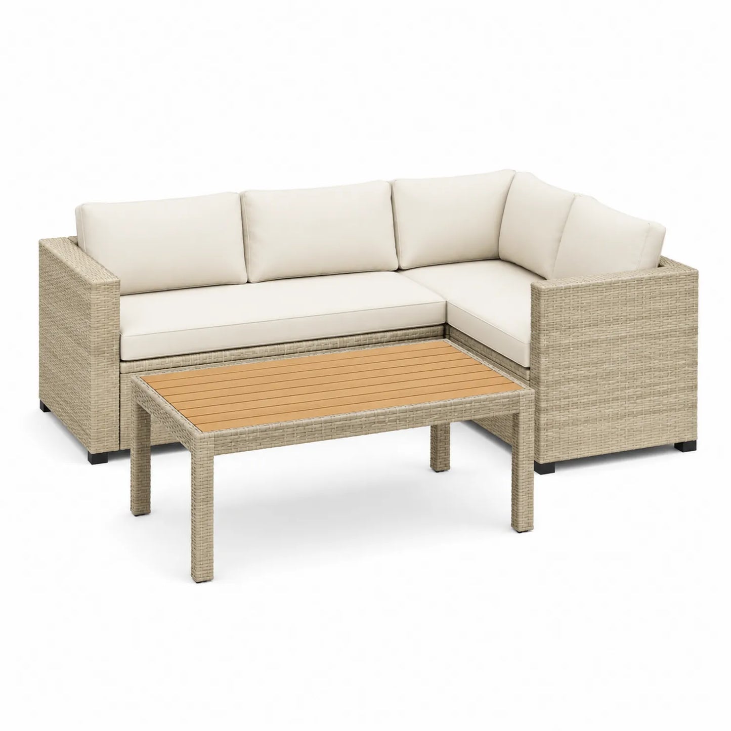 Ecksofa-Gartenset aus Polyrattan und Akazienholz in Beige
