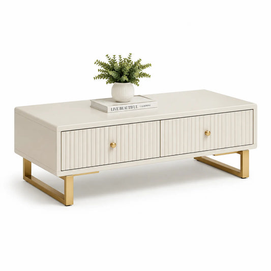 Rechteckiger Couchtisch aus MDF und Metall, Beige/Gold