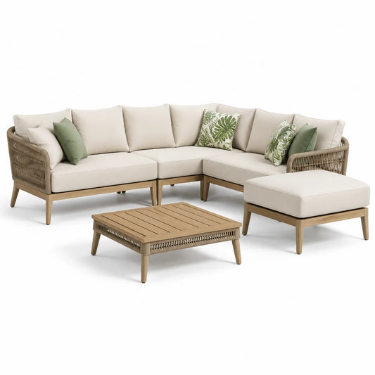 Ecksofa-Set aus Teakholz mit Tisch und Hocker, Beige/Braun