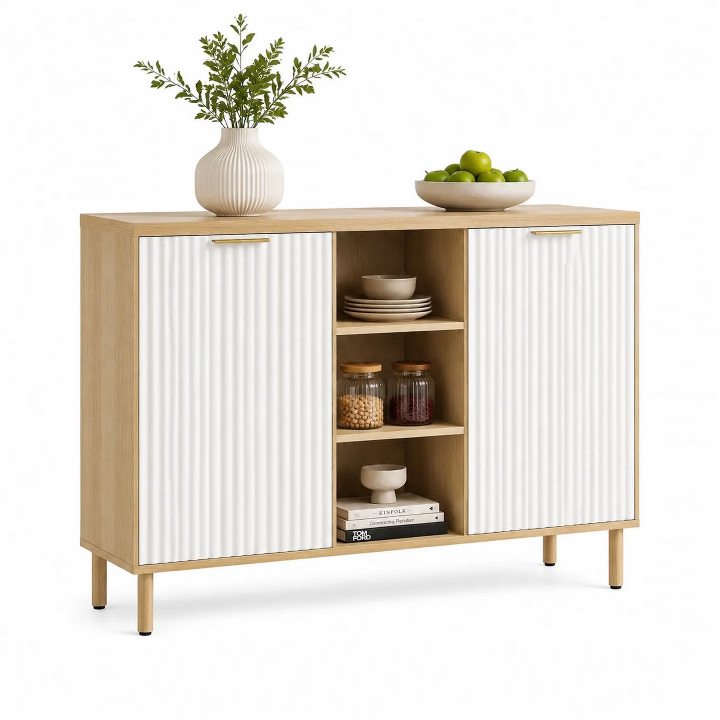 Sideboard aus Holz mit weißen MDF-Türen und Eichenfurnier-Regalfächern