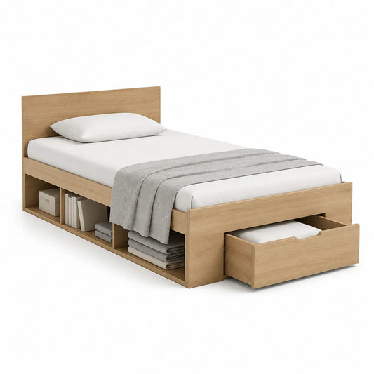 Einzelbett aus Holz mit Schubladen und Regalen, Eiche, 200x90 cm
