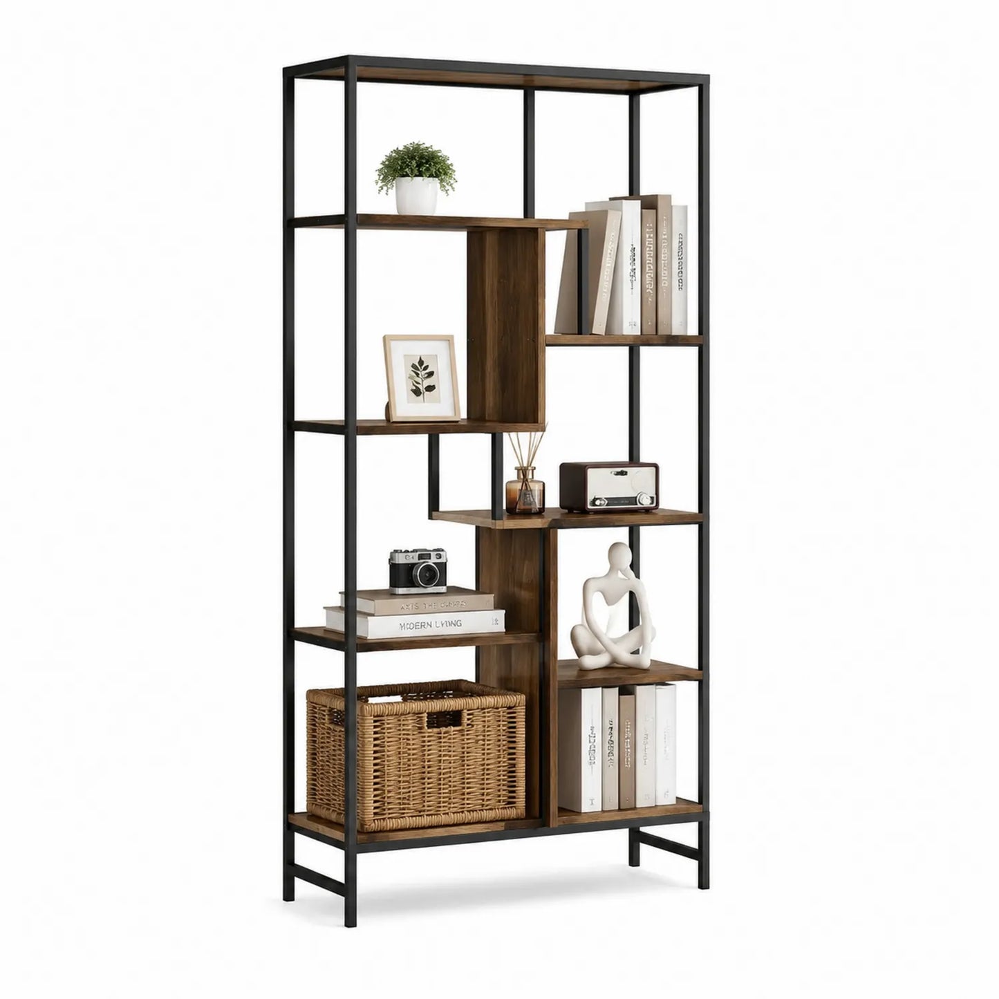 Bücherregal aus Holz und Metall Schwarz Braun 180x90x30cm