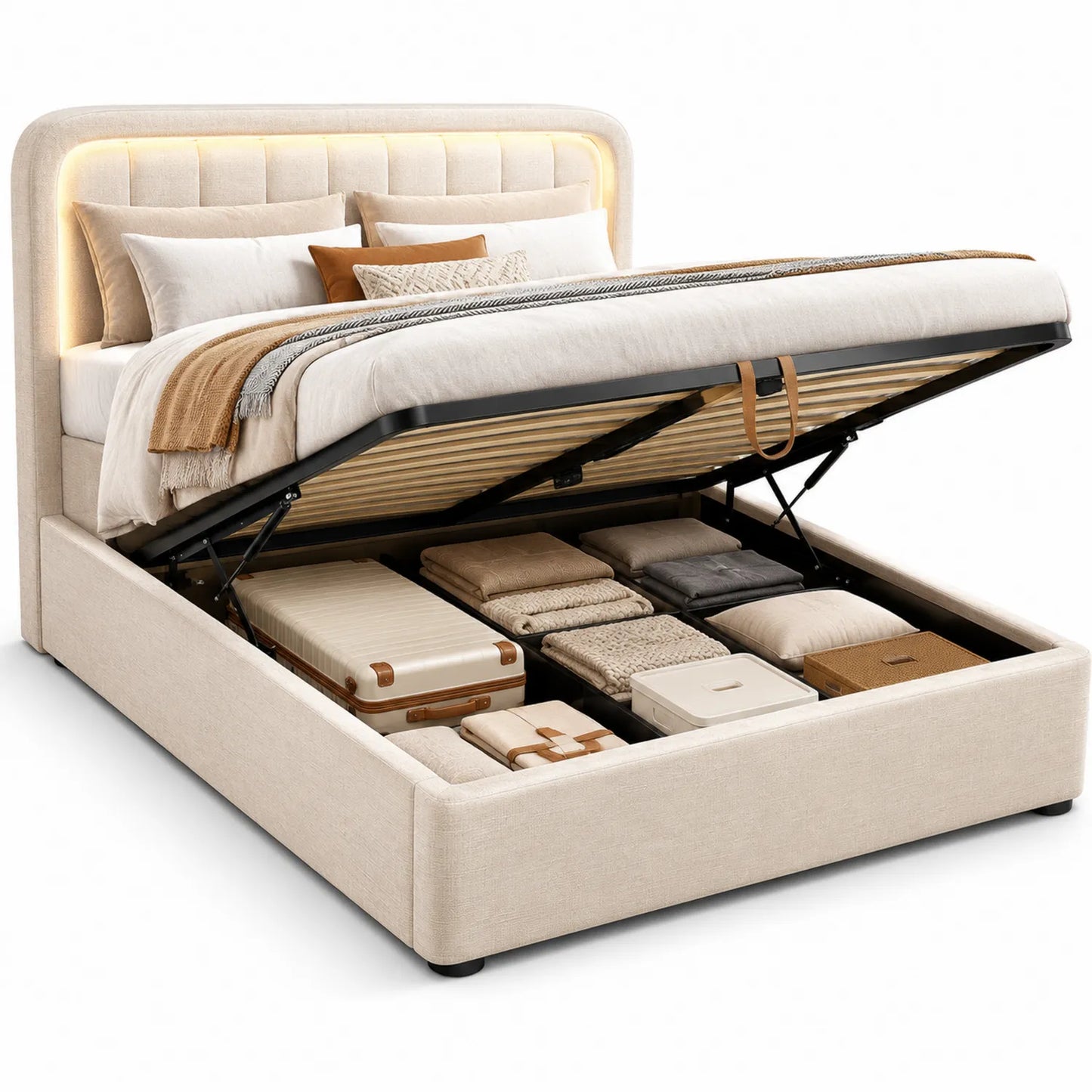 Stoff Stauraumbett mit Metallrahmen und LED-Beleuchtung 180x200 cm Beige