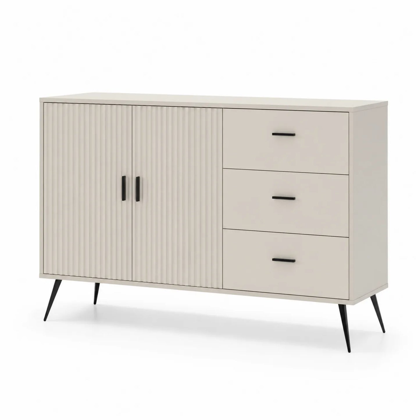 Sideboard mit 3 Schubladen und 2 Türen, Beige, Holz und Metall