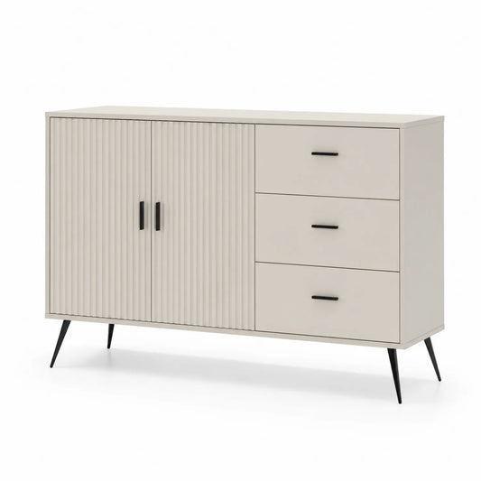 Sideboard mit 3 Schubladen und 2 Türen, Beige, Holz und Metall