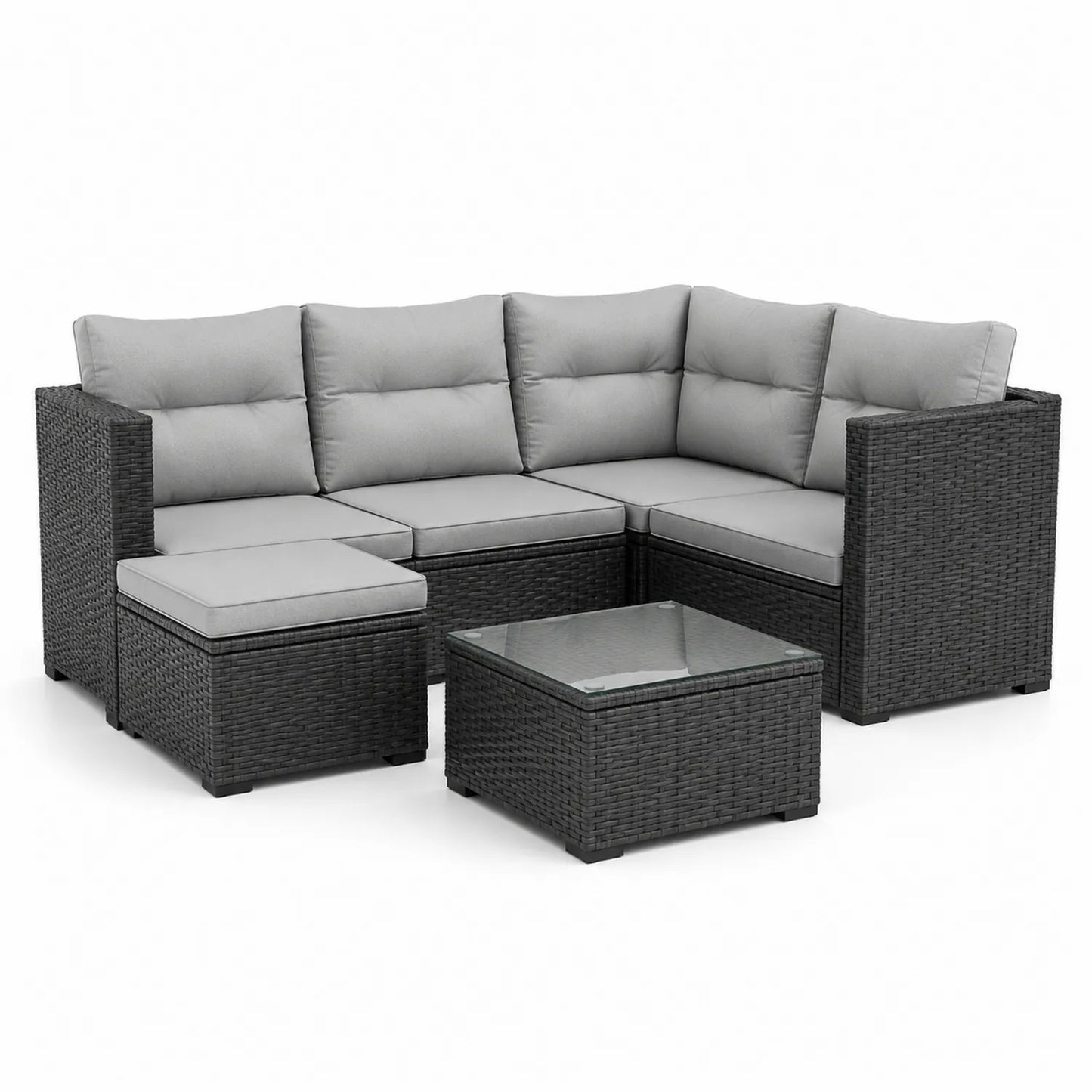 Polyrattan Garten-Ecksofa-Set mit Kissen und Glastisch