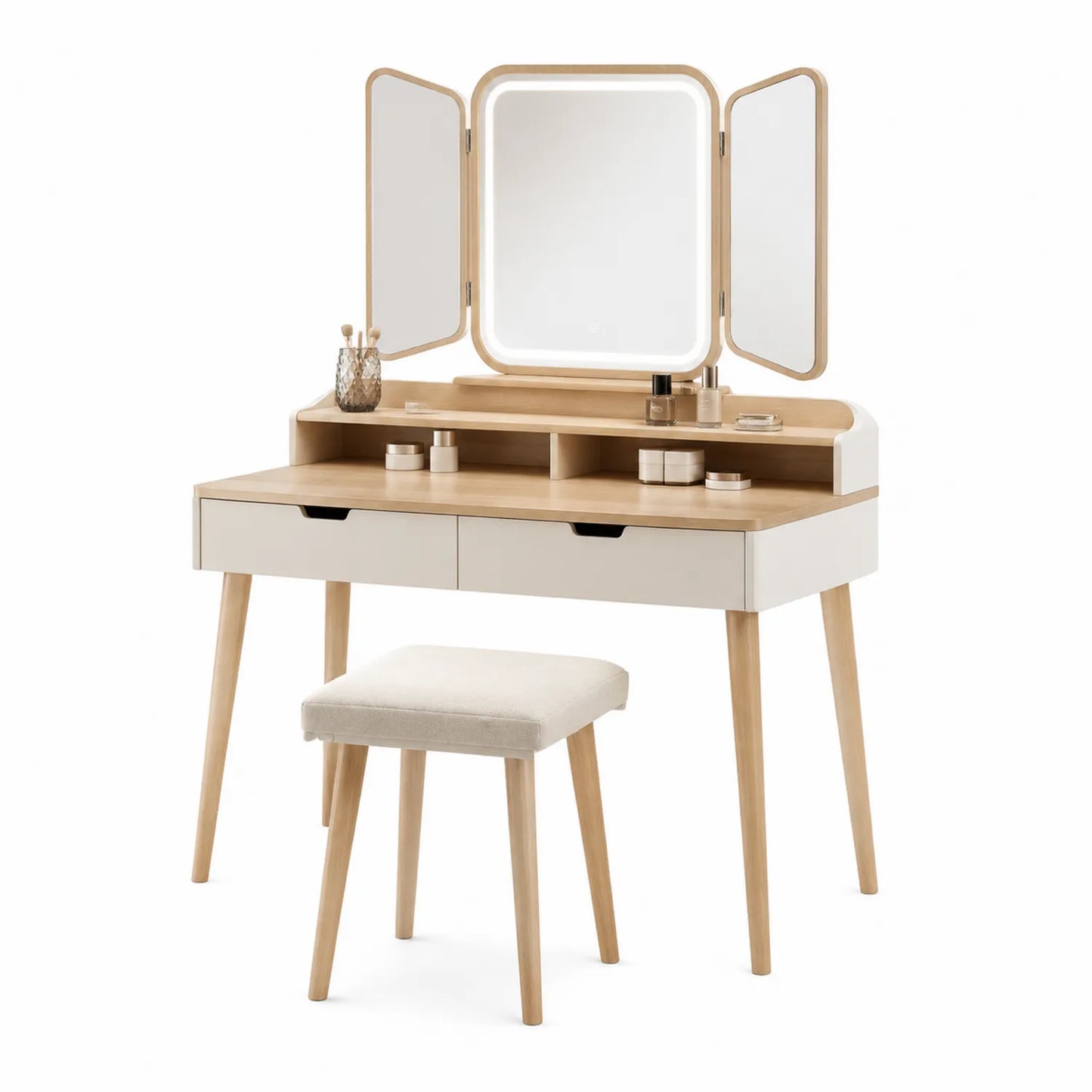 Schminktisch Set mit Hocker, Holz und Spiegel mit LED-Beleuchtung