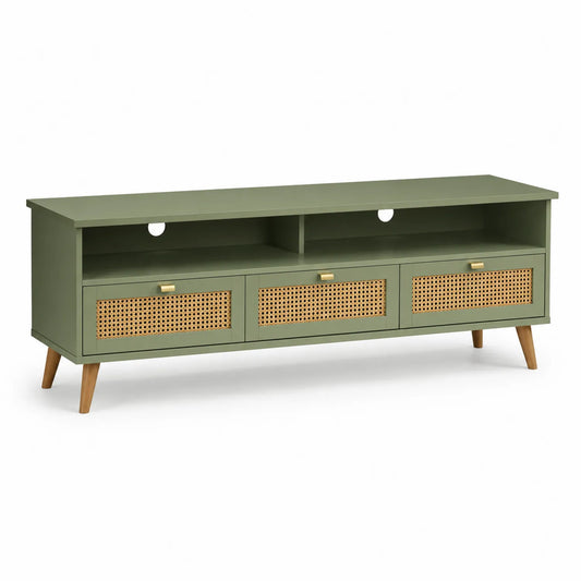 TV-Schrank mit Schubladen aus Holz und Rattan in Grün