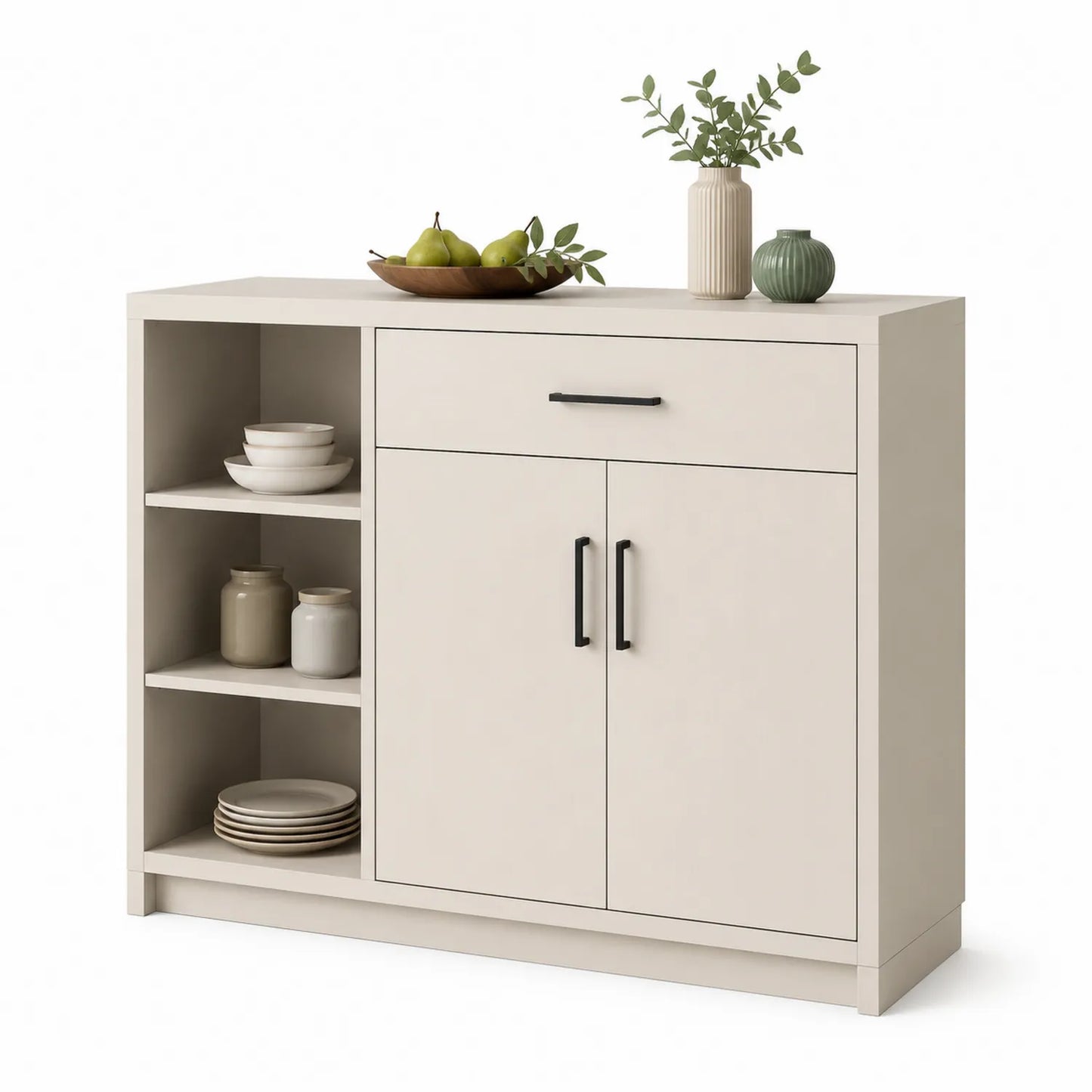 Beiges Holzwerkstoff-Sideboard mit Regalen und Schublade