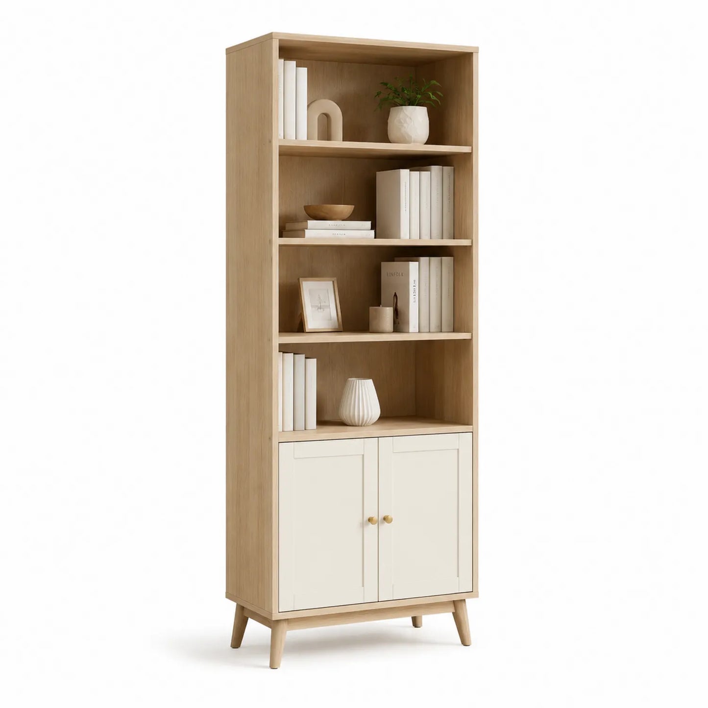 Eichenholz und MDF Bücherregal mit Türen 180cm