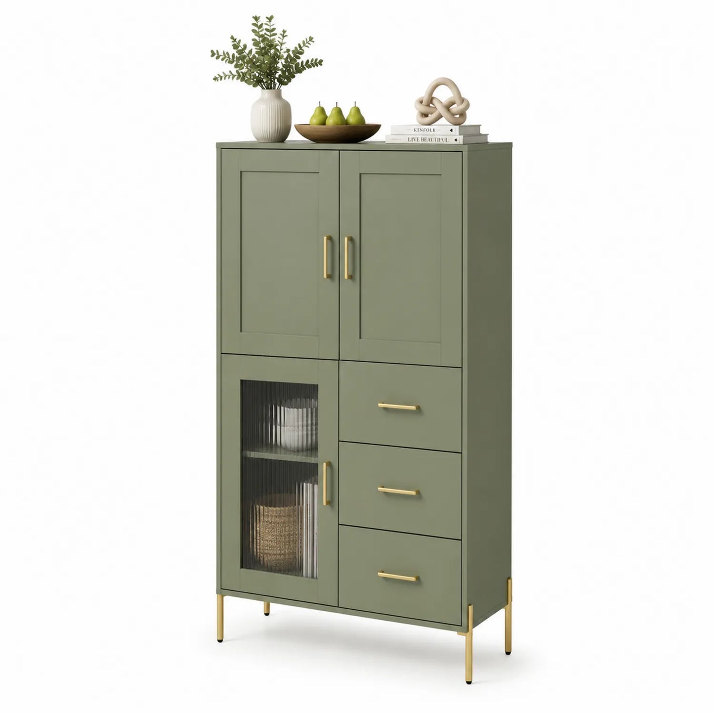 Grünes Sideboard mit Metallgriffen und Glasdetails 180x80x40 cm