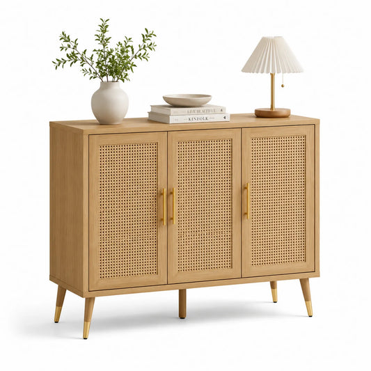 Sideboard mit Eichenholz und Rattantüren, 120cm