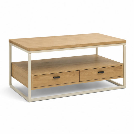 Eiche Couchtisch mit Schubladen und Metallrahmen 100x50x45cm