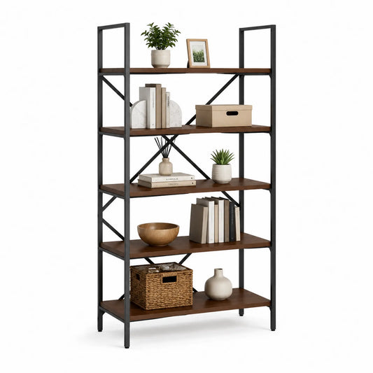 Freistehendes Bücherregal aus MDF und Stahl mit 5 Ebenen in Braun-Schwarz