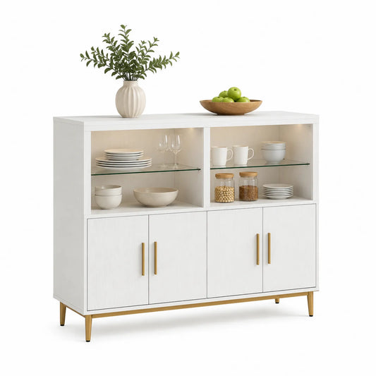 Weißes Sideboard mit 4 Türen und Glasregalen