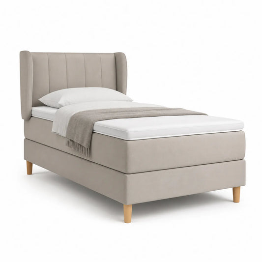 Einzelbett mit Polsterkopfteil 200x90 cm Beige Stoff Massivholz