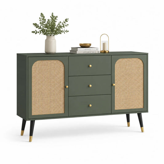 Sideboard mit 2 Türen und 3 Schubladen, Holz, Rattan, 120cm