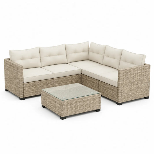 Rattan Ecksofa Set mit Glastisch Beige