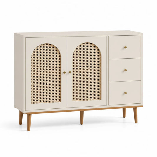 MDF Sideboard mit Rattantüren und Schubladen in Beige 80x120x35cm