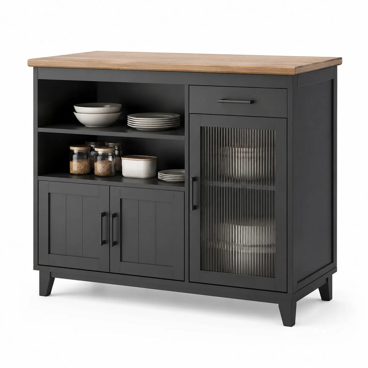 Schwarzes Küchen-Sideboard mit MDF und Rillenglas, 120cm