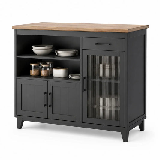 Schwarzes Küchen-Sideboard mit MDF und Rillenglas, 120cm