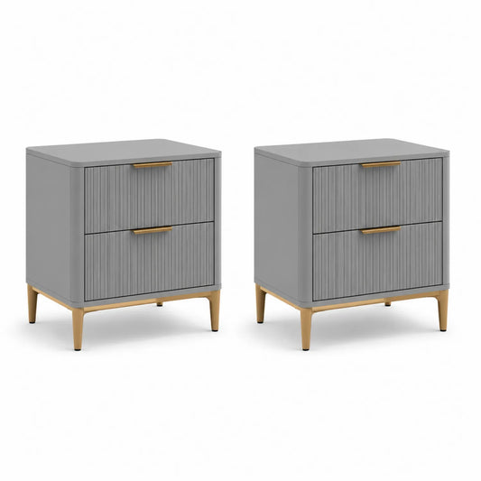 2er Set Nachttische mit 2 Schubladen Holz und Metall Grau/Gold