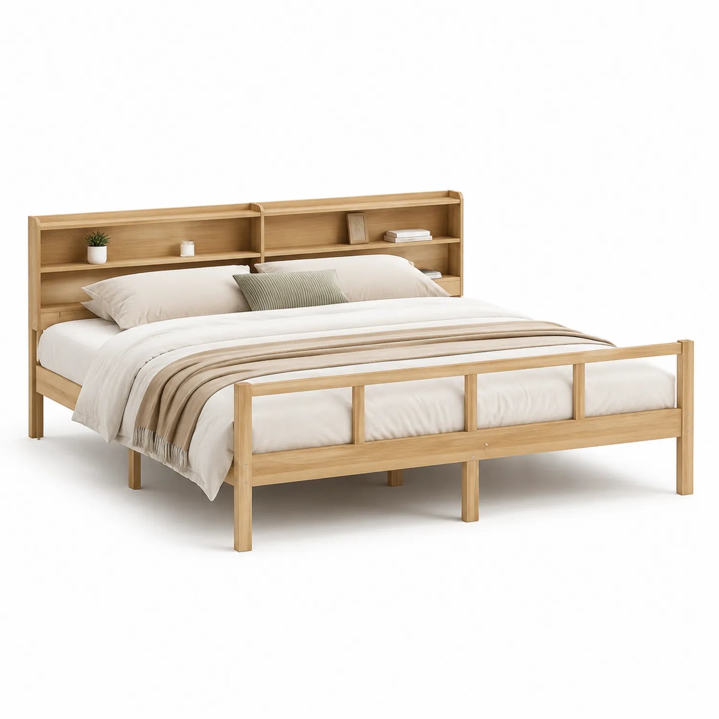 Holzbettgestell mit Regal-Kopfteil aus Eichenholz 200x180 cm Natur