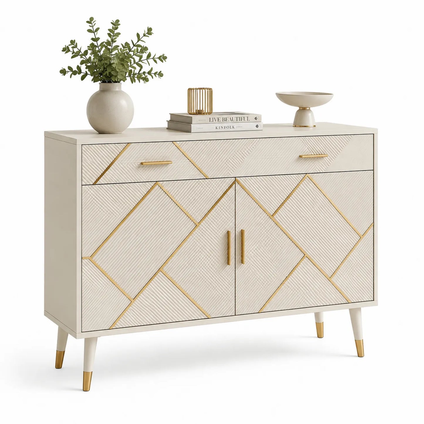 Sideboard mit 2 Schubladen und 2 Türen, MDF und Metall, Elfenbein/Gold, 120x40x90 cm